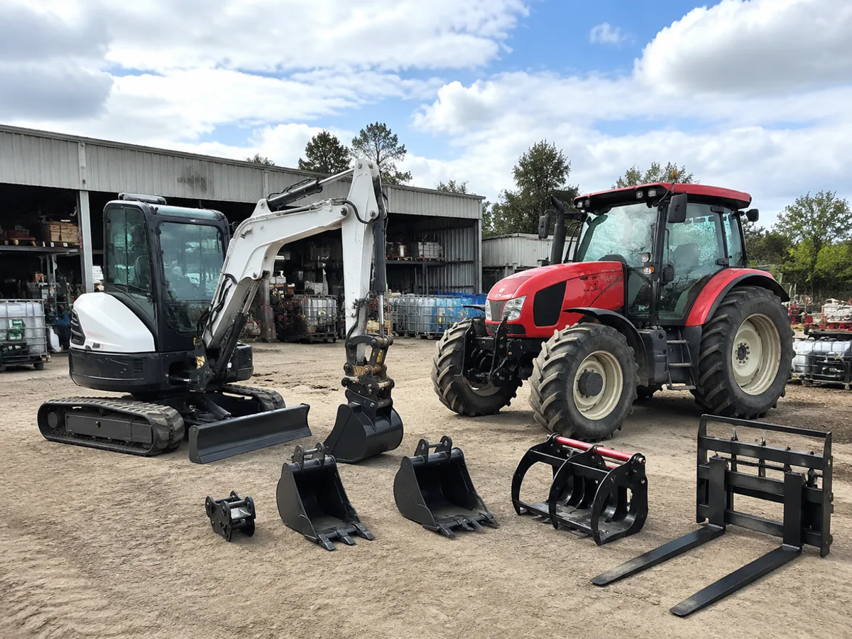Construction and agricultural machinery with attachments in a manufacturer yard