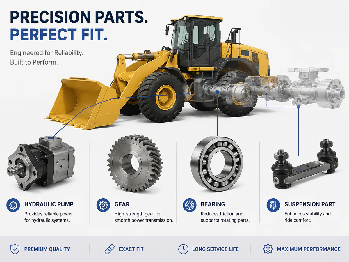 Vehicle and heavy-equipment parts beside a model and fitment reference sheet