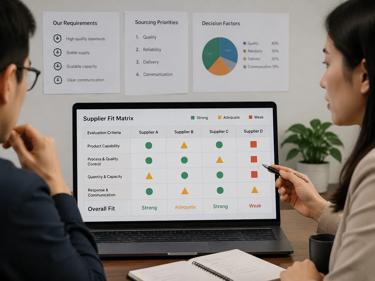 Supplier-fit matrix comparing product, process, quantity and response criteria