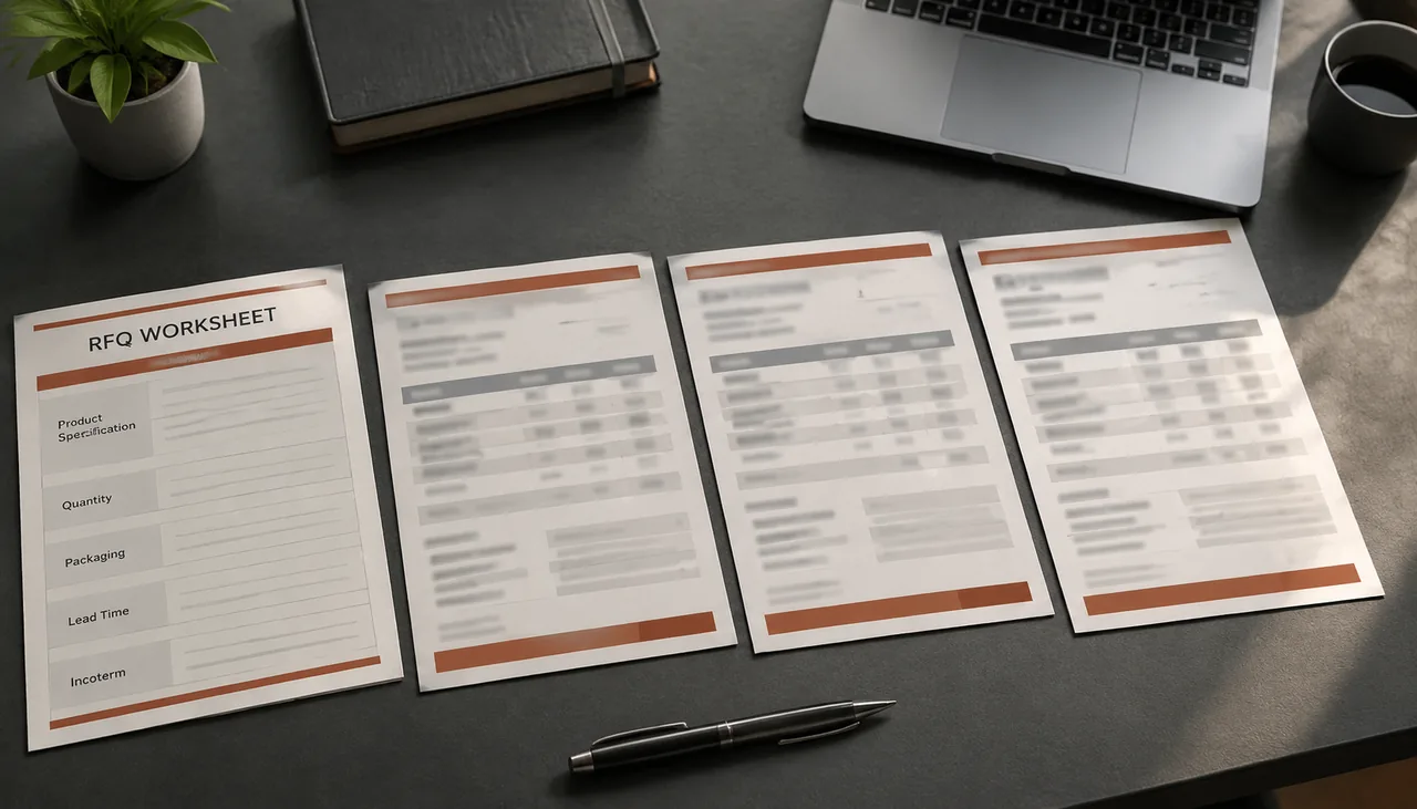 RFQ worksheet beside three anonymized China supplier quotation sheets for structured comparison