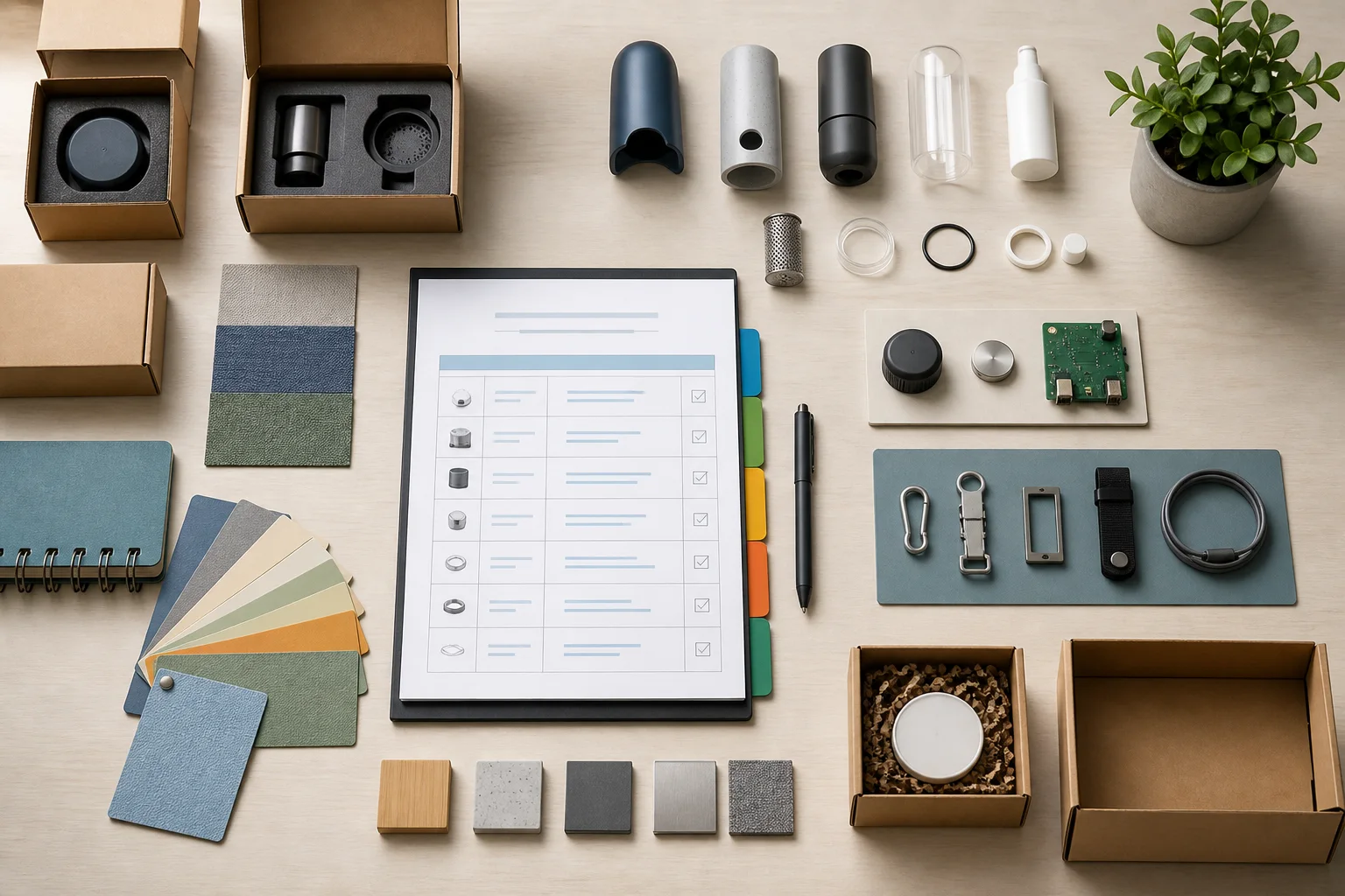 Multi-SKU RFQ planning sheet with products, packaging and material swatches