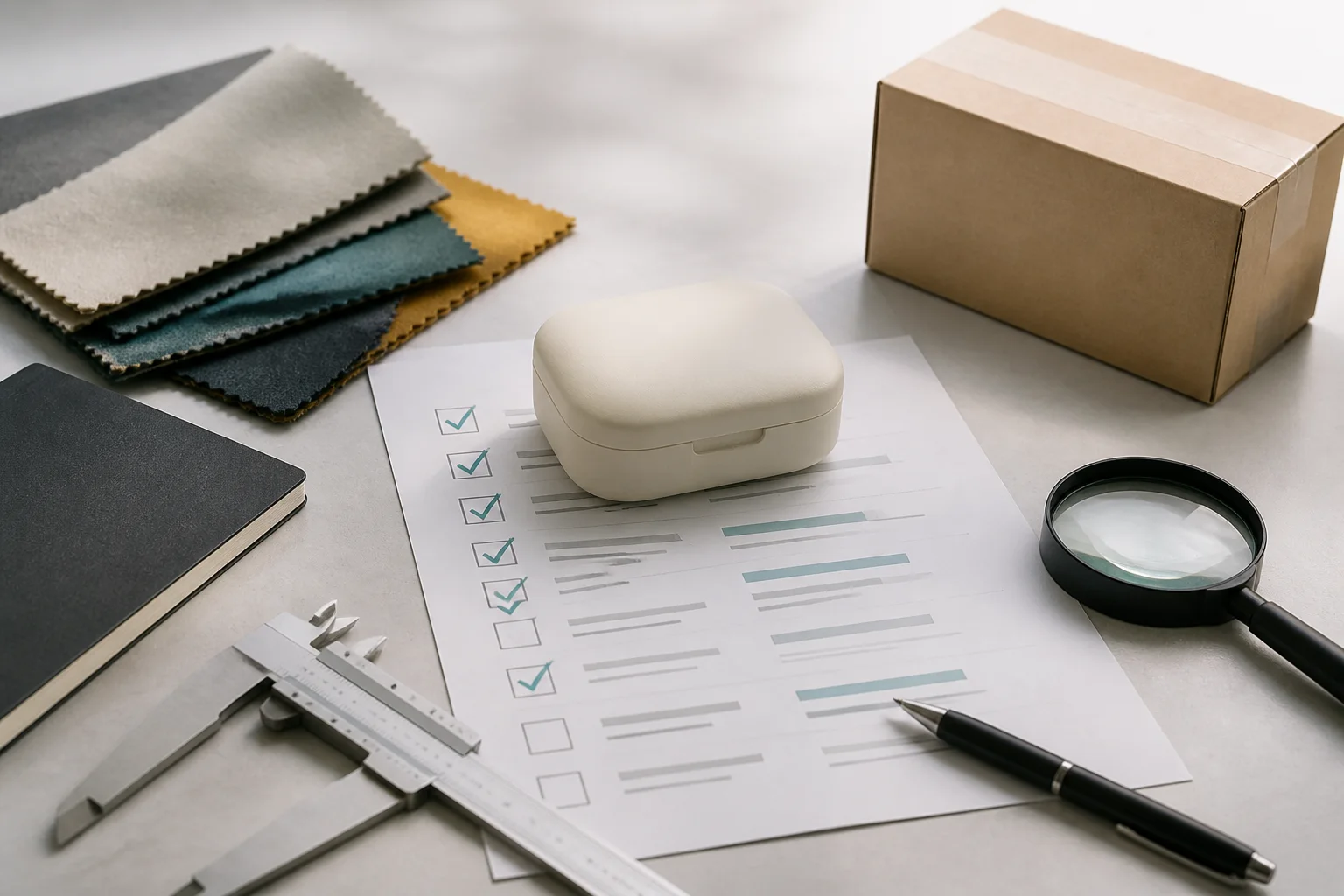 Product sample review with material swatches and a separate production carton