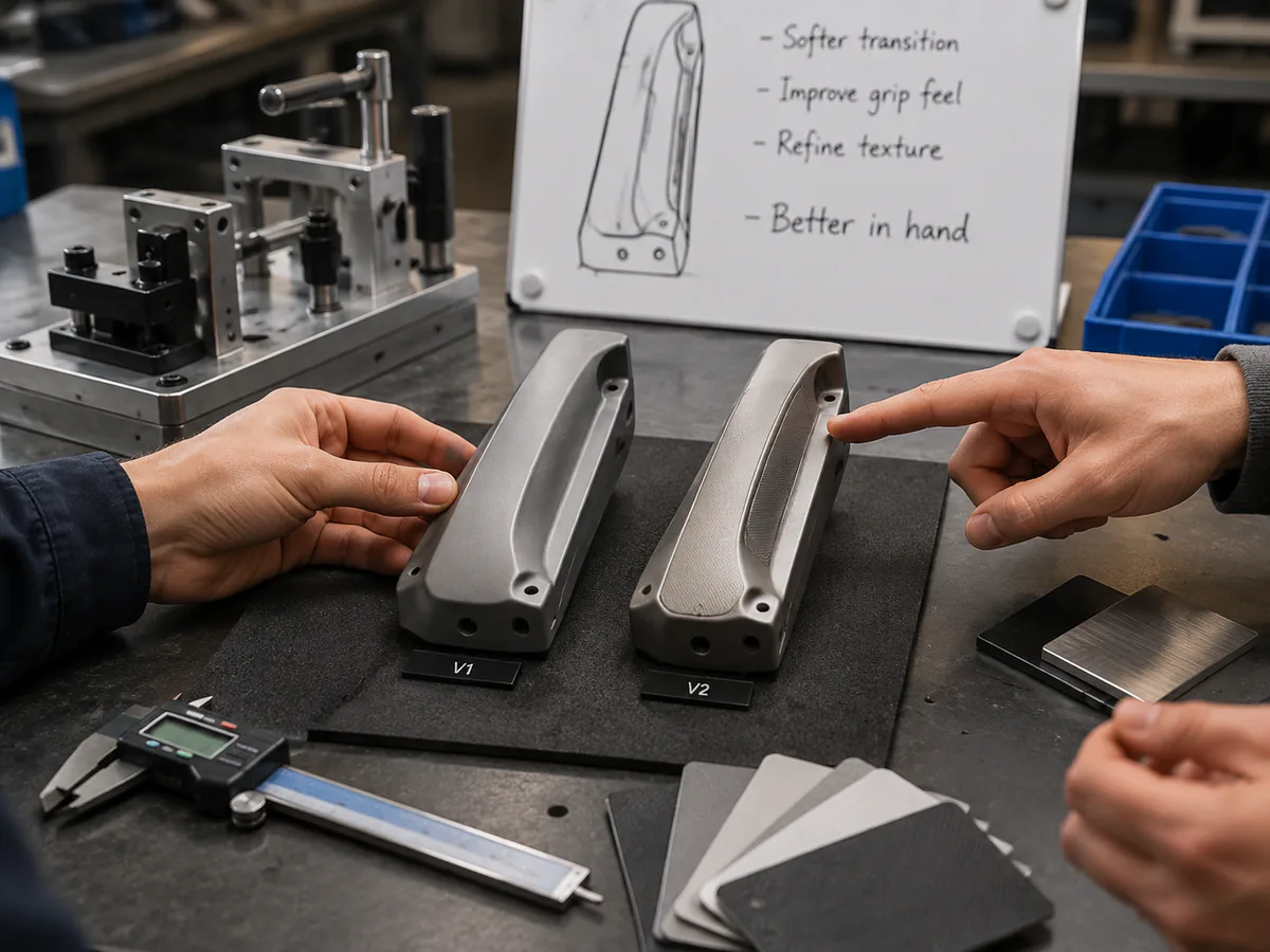 Prototype review with sample parts, a technical drawing and a revision checklist