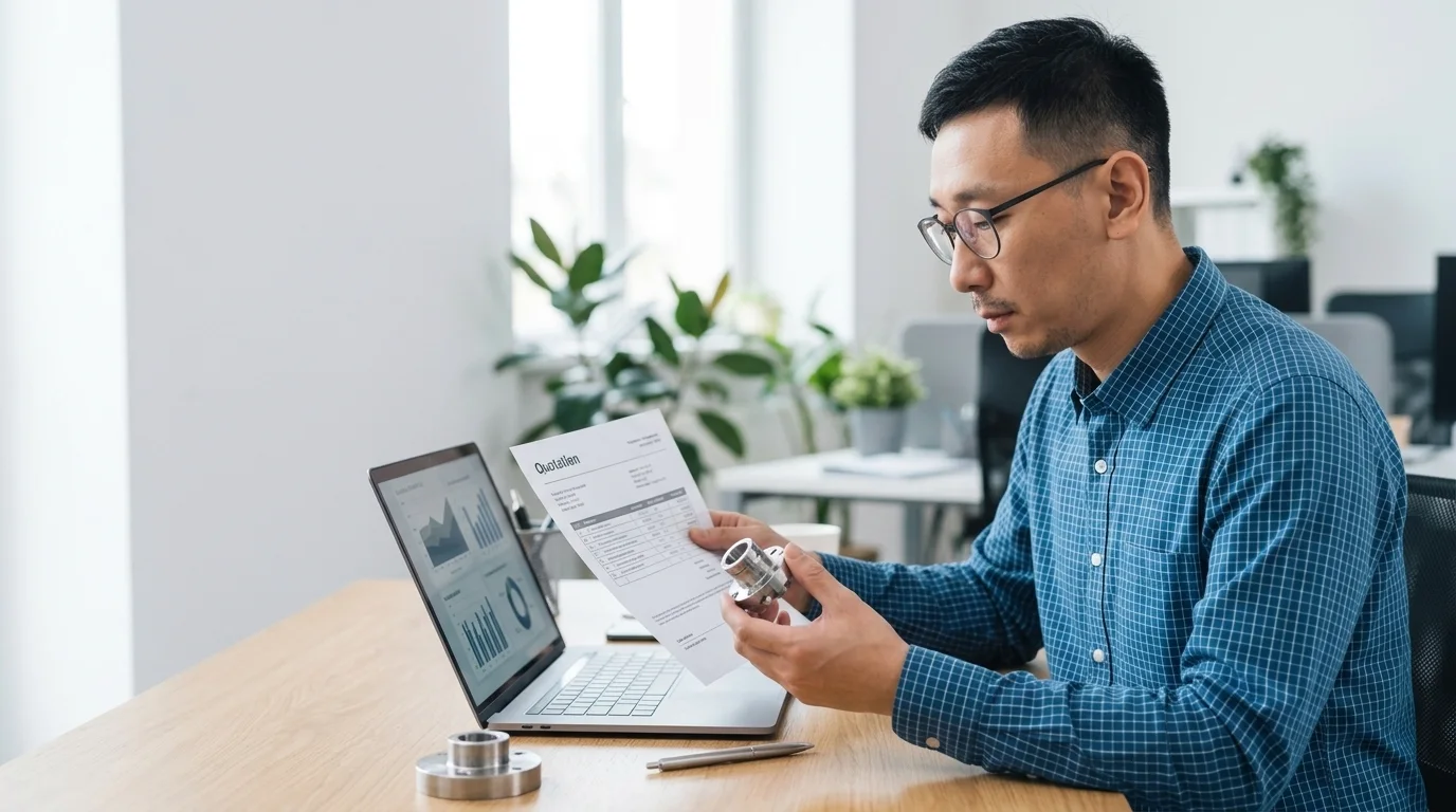 Procurement consultant reviewing a supplier quotation and a manufactured component at a desk